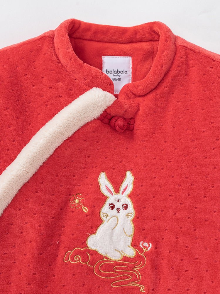 【線上專享】 balabala 童裝嬰童女天鵝絨生肖兔針織連體衣 0-3歲 - balabala