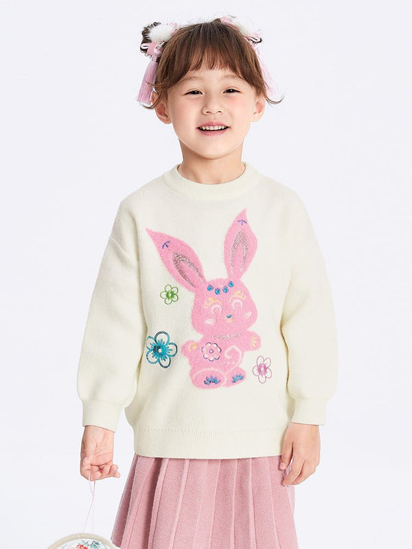 【線上專享】 balabala 童裝中童女小兔翻領毛衫 7-14歲 - balabala