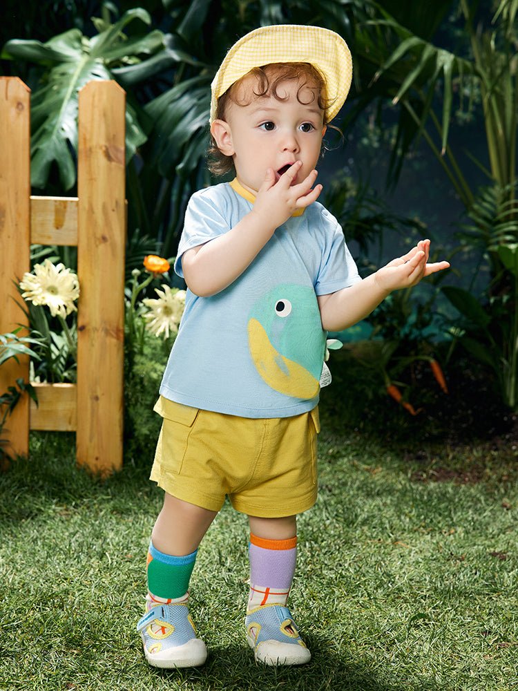balabala 中性嬰童全棉撞色大圖案圓V領短袖T恤 0-3歲 - balabala