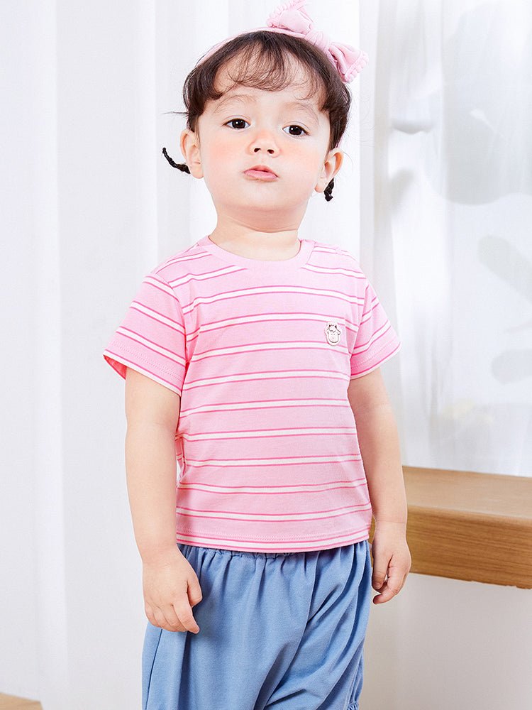 Balabala童裝中性嬰童條紋圖案圓V領短袖T恤0-4歲 - balabala
