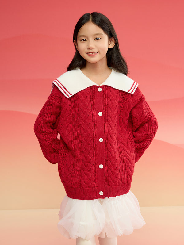 巴拉巴拉童裝女童毛衣兒童毛衫2024冬裝新款紅色針織撞色保暖開衫