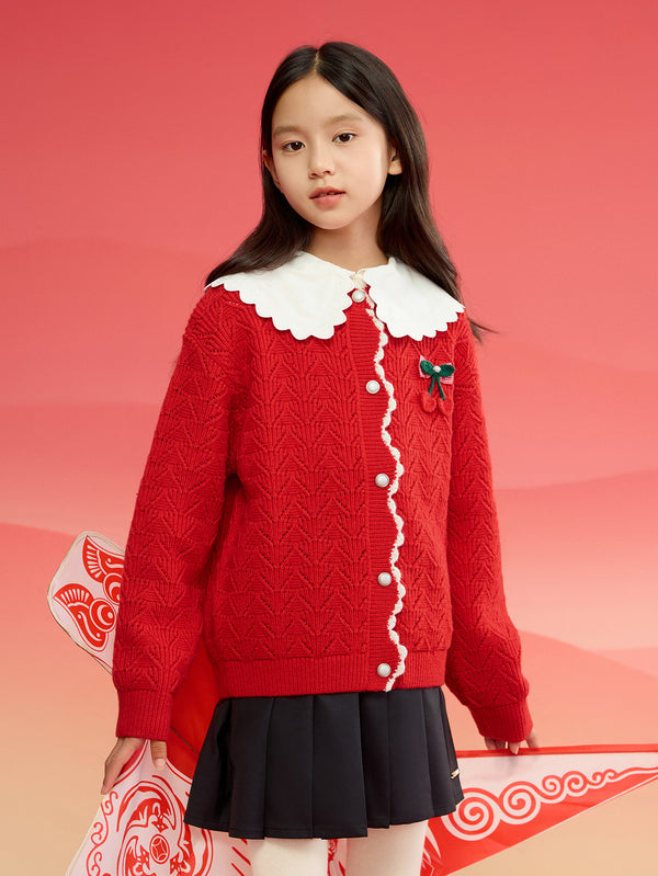巴拉巴拉童裝女童毛衣2024冬裝新款兒童毛衫紅色針織保暖撞色開衫