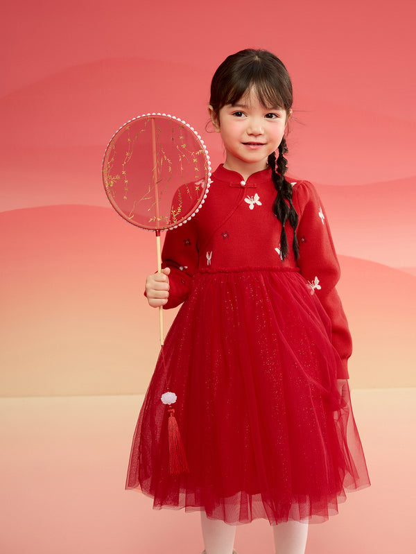 巴拉巴拉童裝女童連衣裙兒童裙子針織網紗2025冬裝新款公主裙新年