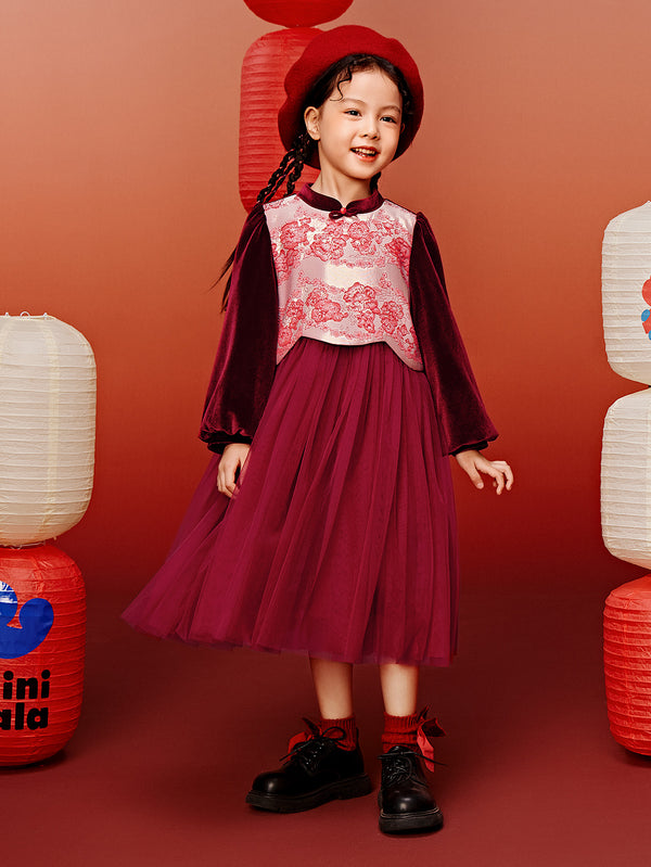 【新年季】迷你巴拉巴拉女童親膚柔軟新中式夾棉甜美網紗連衣裙