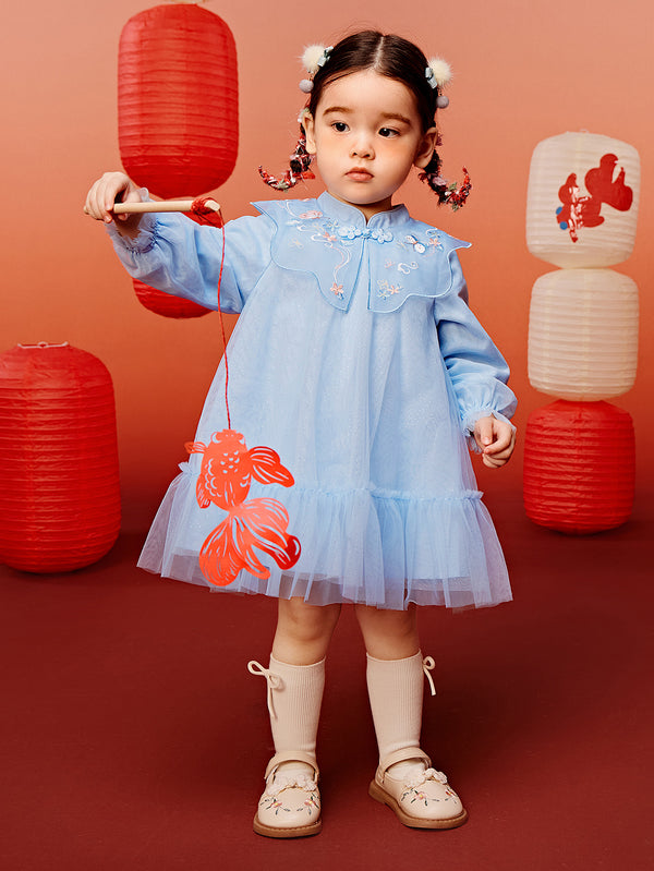 迷你巴拉巴拉女童連衣裙國風甜美網紗裙2025春季新品寶寶裙子