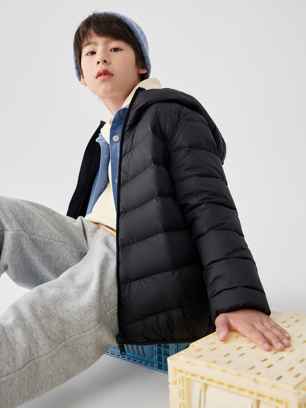 中性日常輕羽絨純色黑色羽絨服 - balabala
