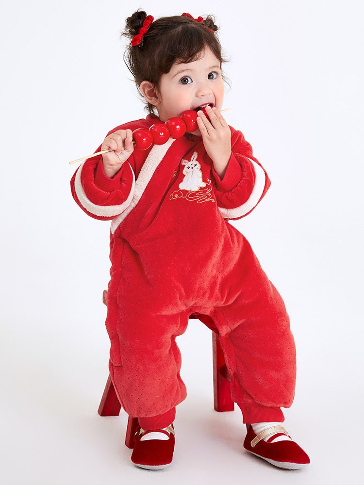 【線上專享】 balabala 童裝嬰童女天鵝絨生肖兔針織連體衣 0-3歲 - balabala