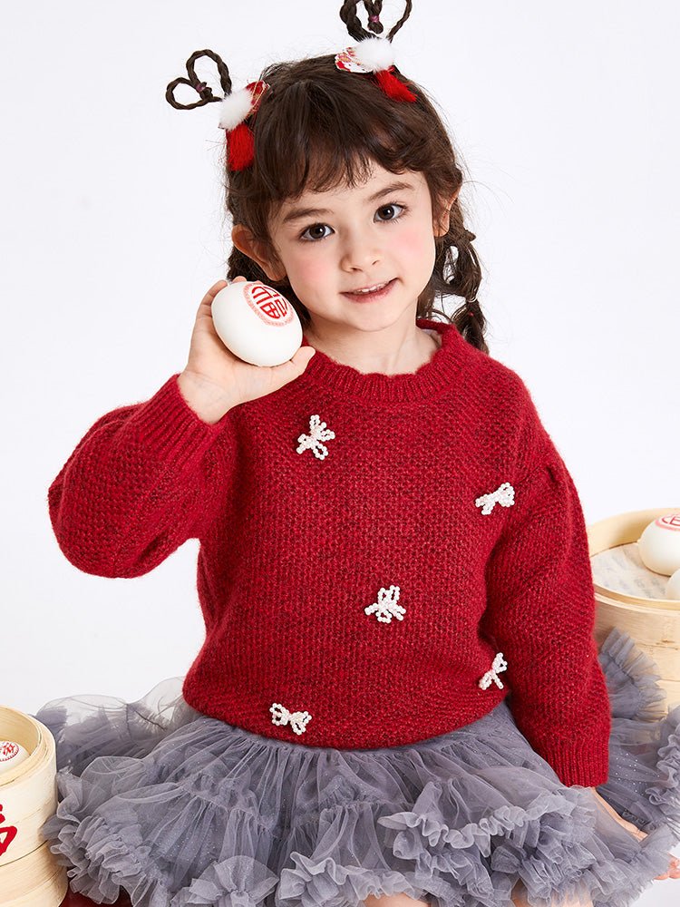 【線上專享】 balabala 童裝幼童女蝴蝶結圓領毛衫 2-8歲 - balabala