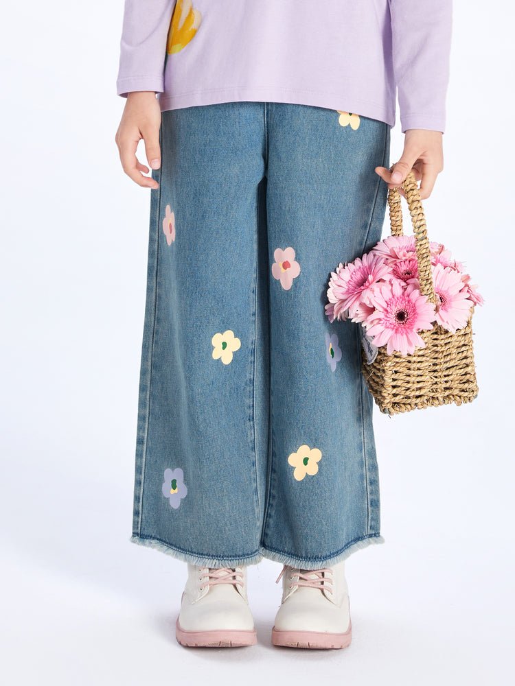 【線上專享】 balabala 童裝中童女花朵牛仔長褲 7-14歲 - balabala