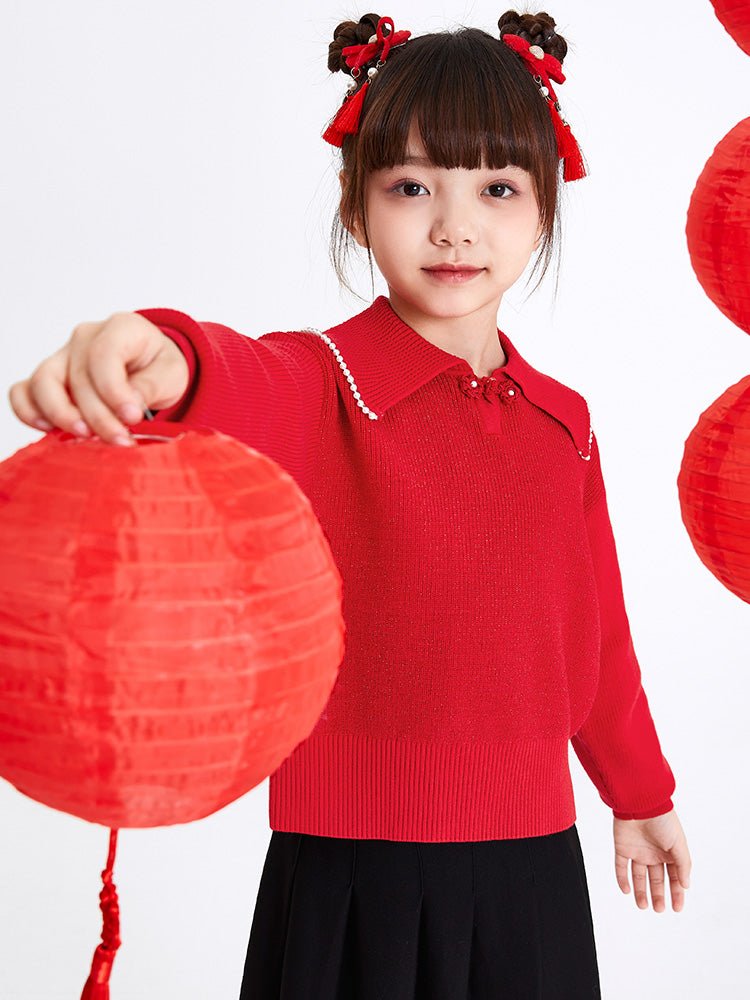 【線上專享】 balabala 童裝中童女小兔翻領毛衫 7-14歲 - balabala