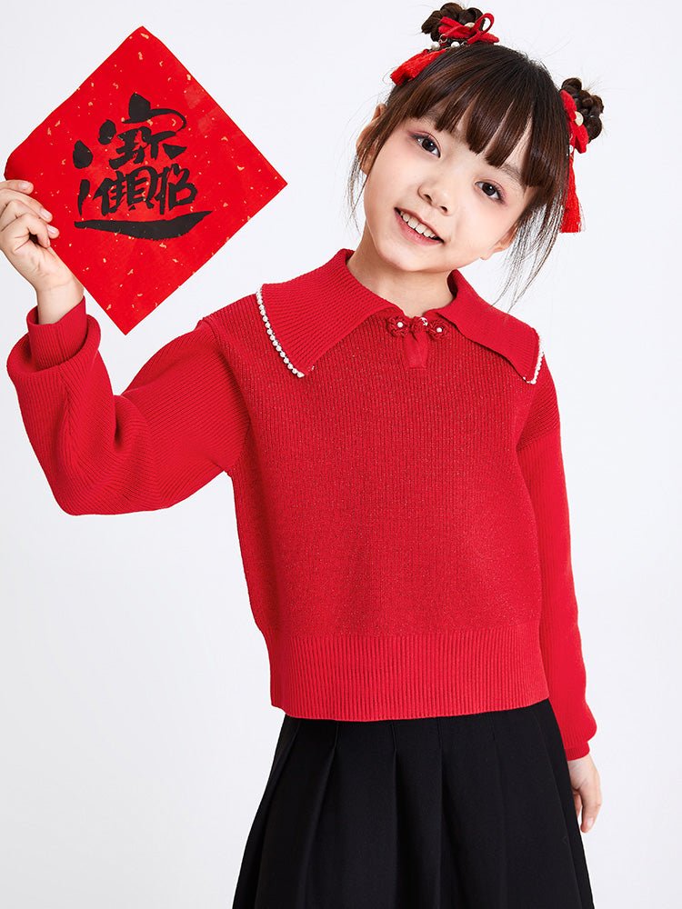【線上專享】 balabala 童裝中童女小兔翻領毛衫 7-14歲 - balabala
