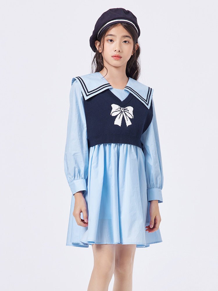 balabala 女中童都市校園撞色拼接海軍領梭織連衣裙 - balabala
