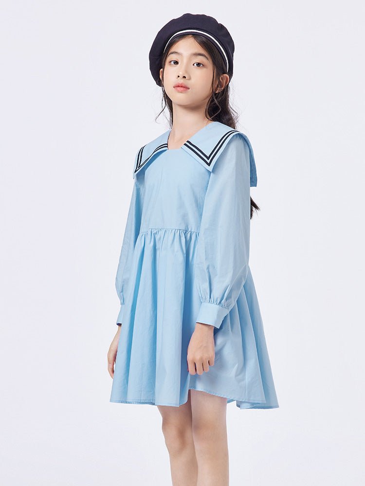balabala 女中童都市校園撞色拼接海軍領梭織連衣裙 - balabala