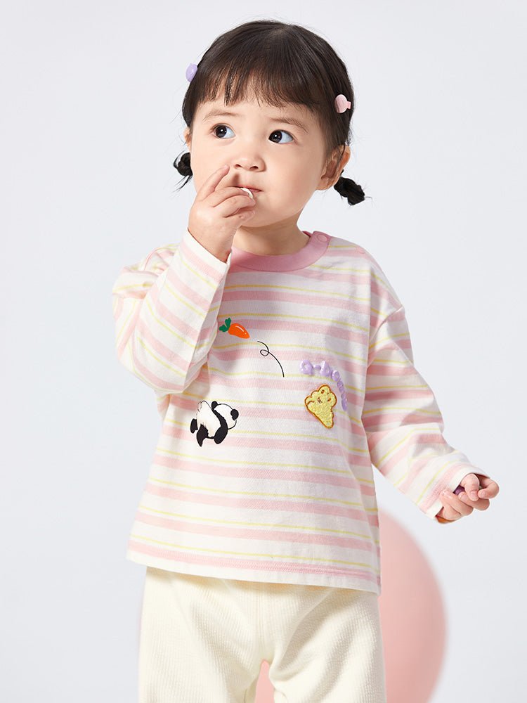 balabala 女嬰童條紋熊貓全棉女嬰童長袖T恤 - balabala