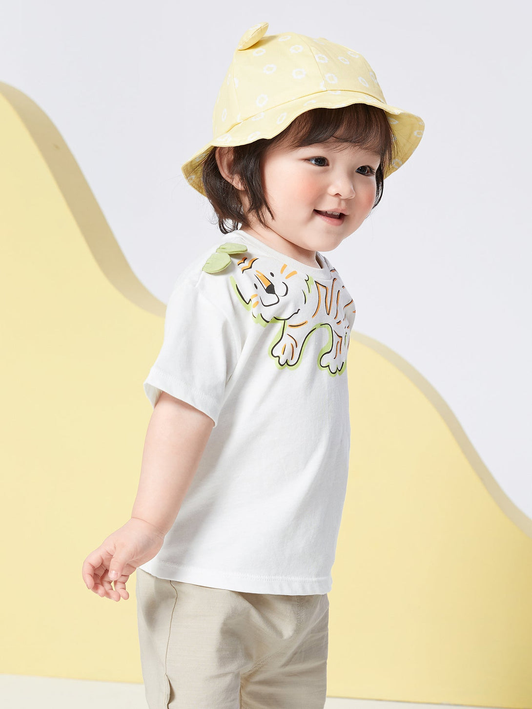 balabala童裝男嬰童小老虎動物圖案圓領短袖日常休閒夏季米白色 豆沙綠 T恤0-4歲 - balabala