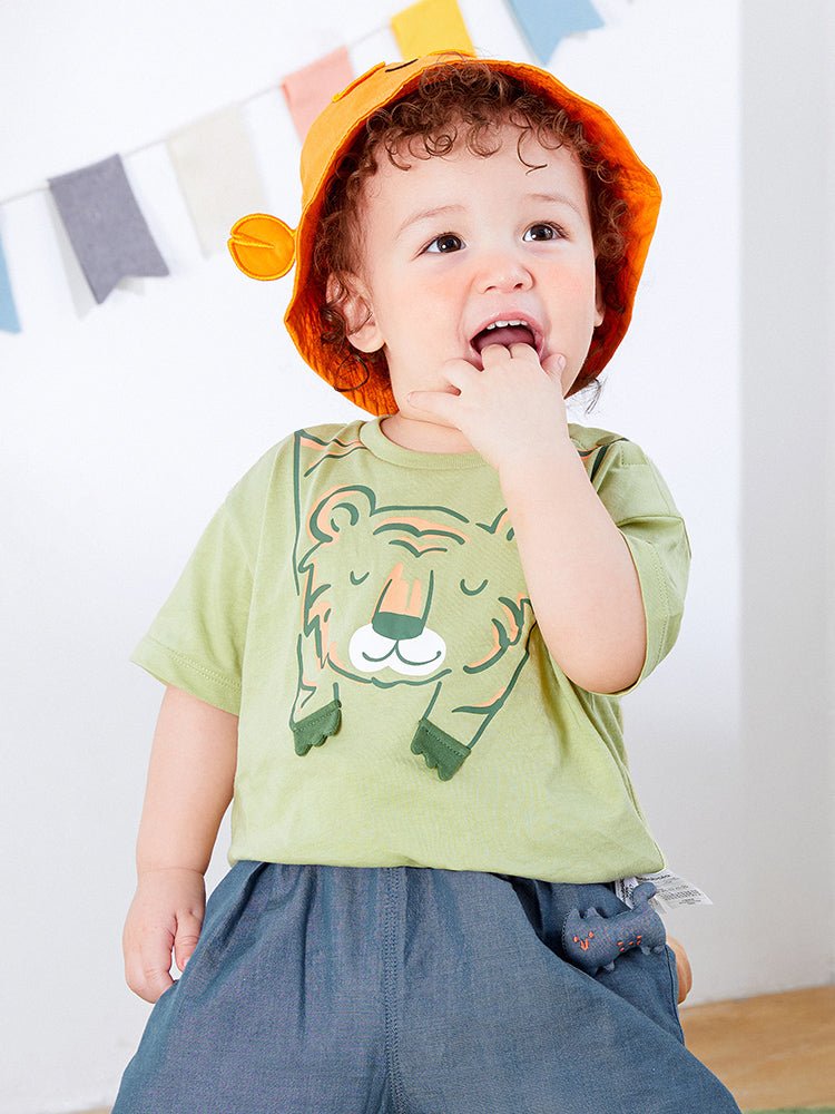 balabala童裝男嬰童小老虎動物圖案圓領短袖日常休閒夏季米白色 豆沙綠 T恤0-4歲 - balabala