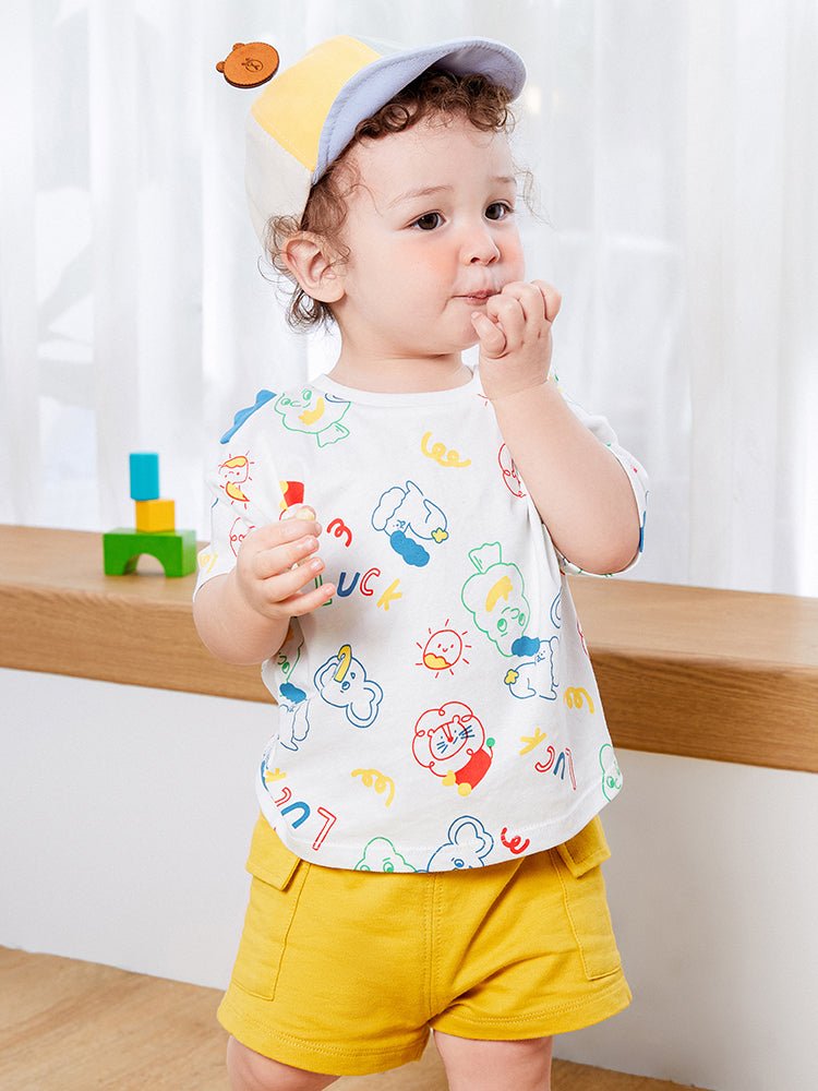 balabala 中性嬰童全棉可愛動物圖案圓V領短袖T恤 0-3歲 - balabala