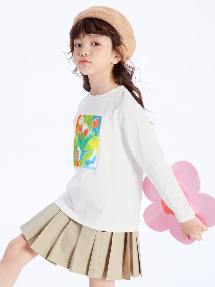 【線上專享】 balabala 童裝中童女植物花卉圓V領長袖T恤 7-14歲 - balabala