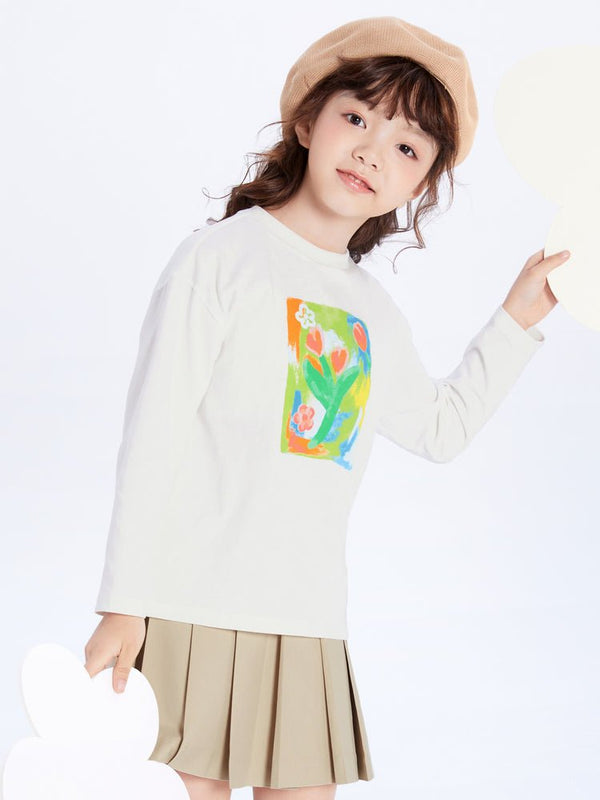 【線上專享】 balabala 童裝中童女植物花卉圓V領長袖T恤 7-14歲 - balabala