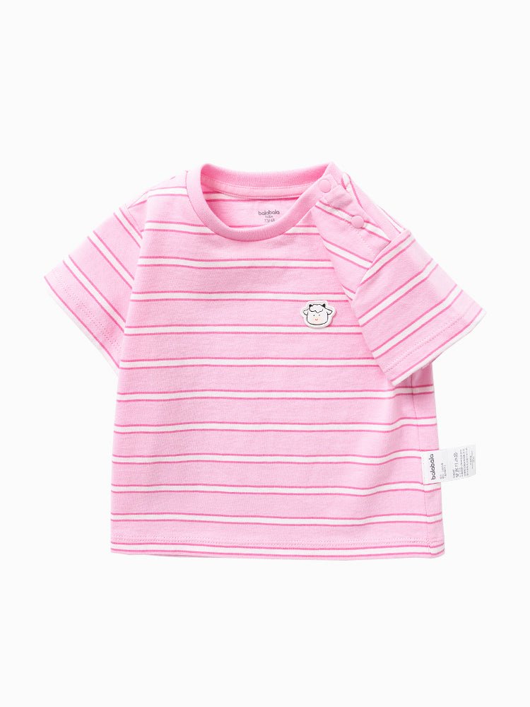 Balabala童裝中性嬰童條紋圖案圓V領短袖T恤0-4歲 - balabala