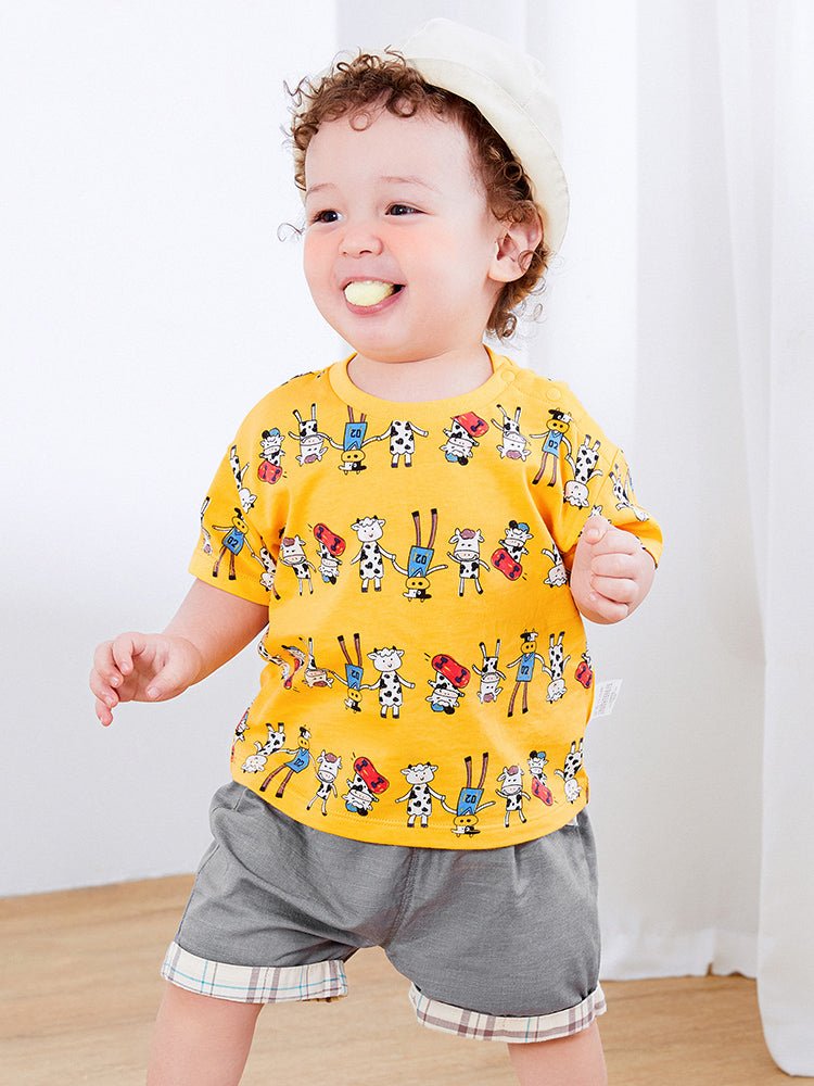 Balabala童裝男嬰童奶牛圖案圓V領短袖T恤0-4歲 - balabala