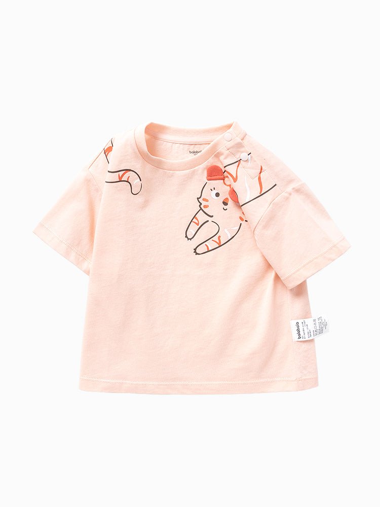 Balabala童裝女嬰童貓圖案圓V領短袖T恤0-4歲 - balabala