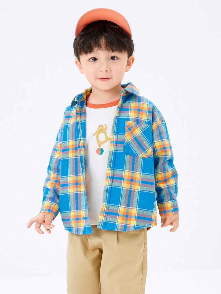 男幼童大格紋翻領長袖襯衫 - balabala