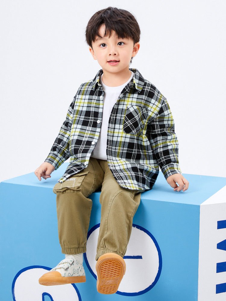 男幼童大格紋翻領長袖襯衫 - balabala