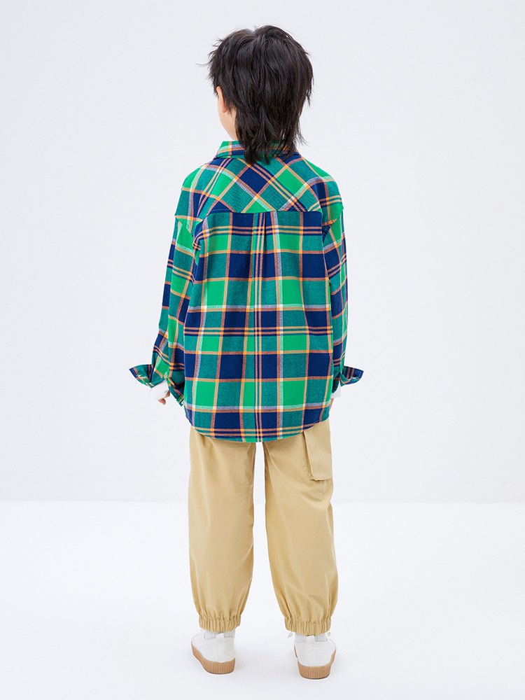 男幼童大格紋翻領長袖襯衫 - balabala