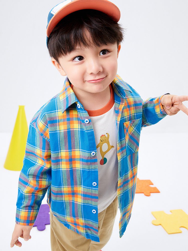男幼童大格紋翻領長袖襯衫 - balabala