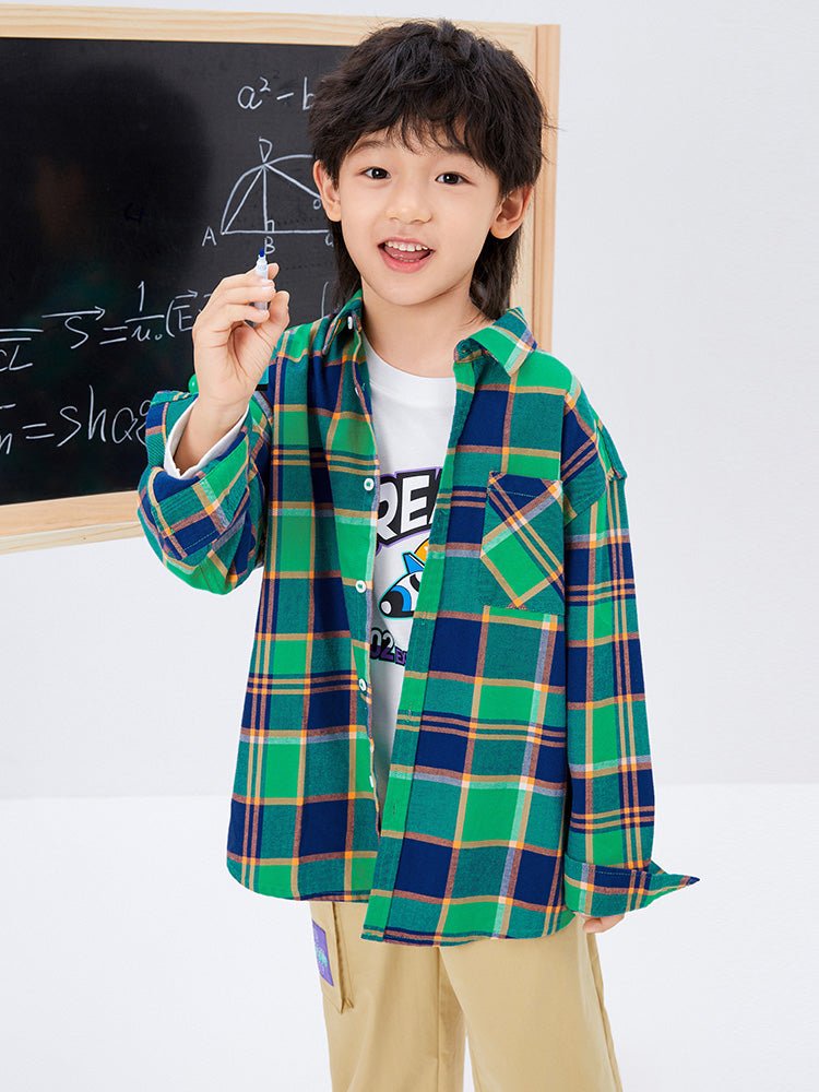 男幼童大格紋翻領長袖襯衫 - balabala