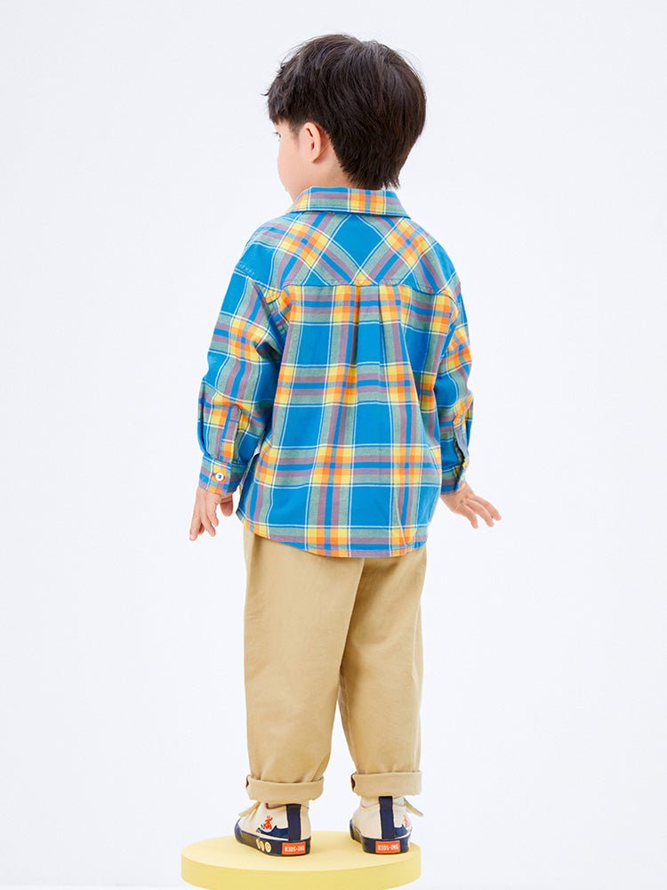 男幼童大格紋翻領長袖襯衫 - balabala